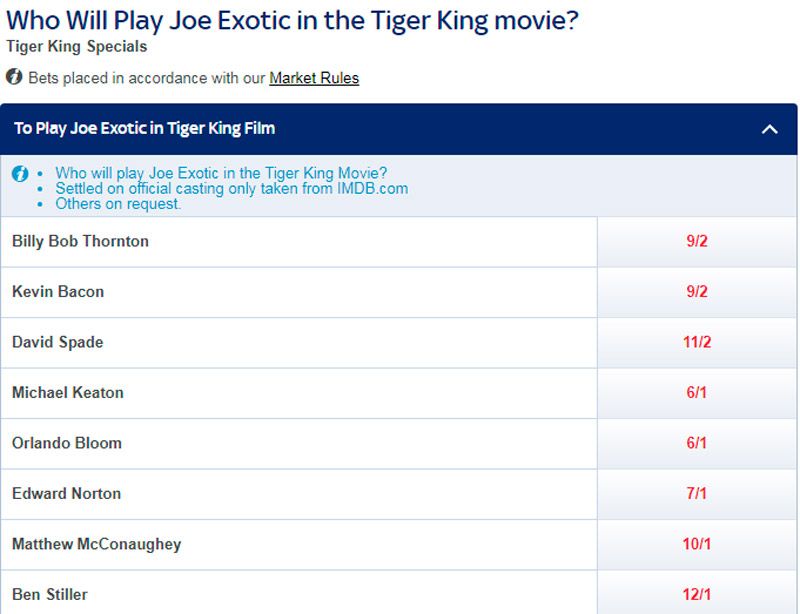 Type of bet - Who will play Joe Exotic in the Tiger King movie.